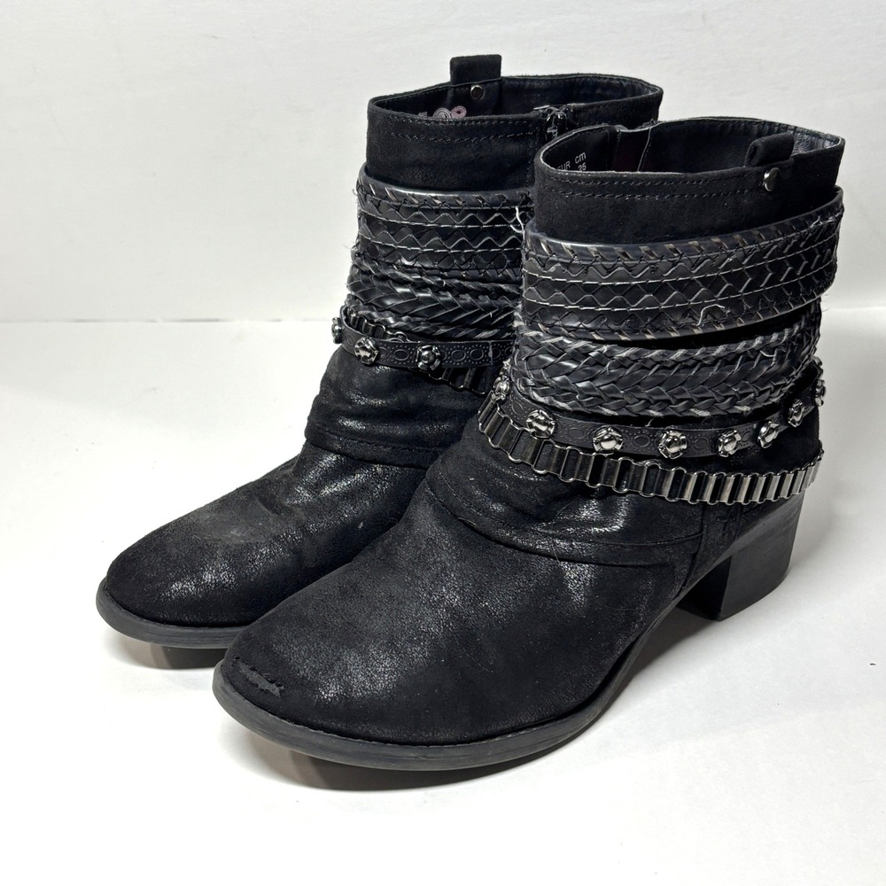 Carlos Santana Cole Ankle Boot Women 8 Black Studded Chain Strap Block Heel Moto